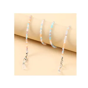 Colorful beaded glasses chain with pastel faceted crystals and silver lobster clasps