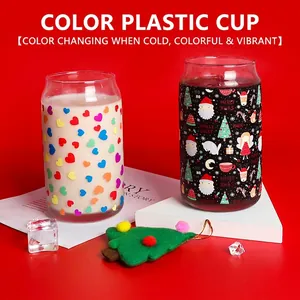 Cold Color Changing Can Shaped Glass Tumbler With Bamboo Lid And Straw Christmas Heart Patterns Drinkware