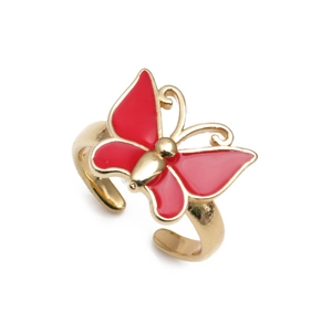 Adjustable gold open ring featuring a vibrant red enamel butterfly design for women
