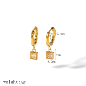 Detail view of 18k gold plated square zircon earrings with dimensions and weight specs