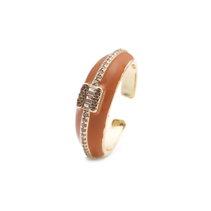 Adjustable gold plated geometric ring with caramel enamel and sparkling zircon accents