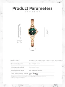Detailed specs of YOLAKO small gold watch with green dial and rhinestone bezel