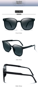 Vista en tres ángulos de gafas de sol negras plegables con montura en negro jazz