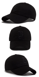 Detailed views of a black baseball cap with premium black B letter embroidery