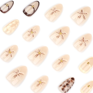 3D floral and leopard print short almond press-on nails with brown French tips