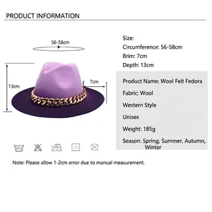 Two-tone purple wool felt fedora hat with gold chain link and gradient acrylic detail