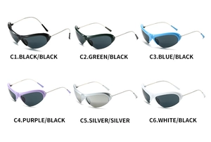 Matrix of Y2K cat-eye sports sunglasses showing six vibrant colors and slim metal temples