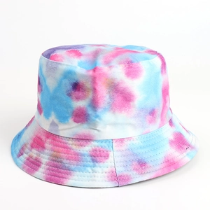 Detail of colorful tie-dye bucket hat featuring reinforced stitching on the brim