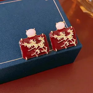 Vintage enamel geometric earrings with golden plum blossom relief and pink beads