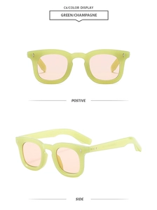 Detail view of green square frame sunglasses with champagne lenses and silver arrow rivets