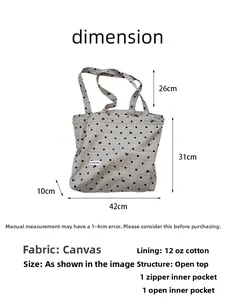 Spécifications de taille pour grand sac cabas en toile à pois avec dimensions 42x31x10cm