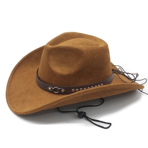 Close-up of brown suede cowboy hat with leather band, silver studs and wind cord