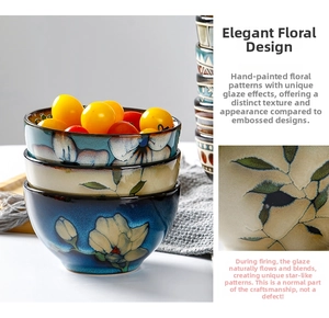 Detail of reactive glaze finish and hand-painted floral pattern on ceramic rice bowls