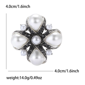 Vintage baroque alloy brooch with white pearls and black rhinestones, size 4.0cm x 4.0cm