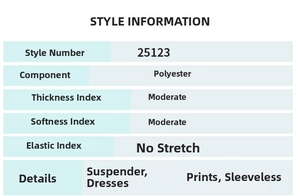Size chart for printed long dress showing style information and polyester fabric details