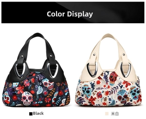 Detail view of ethnic sugar skull handbags in black and off-white floral patterns