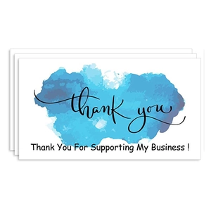 Detail of Thank You cards with blue watercolor splash pattern for small business packaging