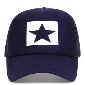 Fashionable navy blue trucker hat with star print and breathable mesh back for outdoor