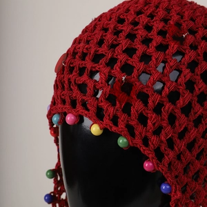 Red crochet mesh beanie with colorful beads and sequins in Bohemian style