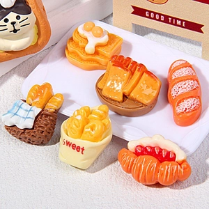 Miniature resin bakery charms set featuring toast and hotdogs for DIY crafts and magnets