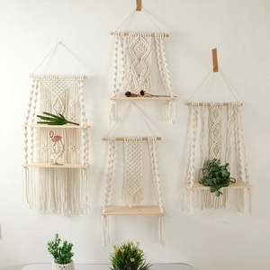 Handmade Macrame Wall Hanging Shelf Cotton Rope Wood Floating Shelves Bohemian Tassel Home Decor Rack