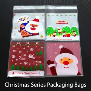 Christmas Santa self-adhesive OPP treat bags for candies with festive reindeer patterns