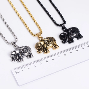 Detailed size measurement of elephant pendants in silver, gold and black with box chains