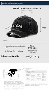 Size chart showing 6cm brim and 56-60cm adjustable circumference for washed baseball cap