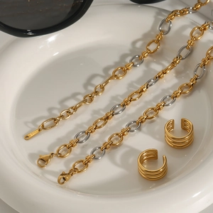 Luxury 18k gold plated stainless steel two-tone chain necklace and ear cuff set