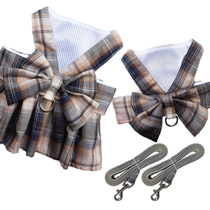 Dog harness and leash set with brown plaid JK skirt design and breathable mesh lining
