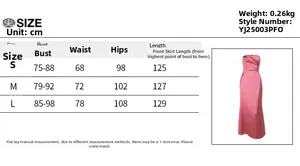 Size chart for strapless backless satin maxi dress showing S, M, L dimensions