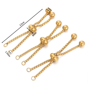Detail of three gold plated stainless steel adjustable slider chains for DIY jewelry making