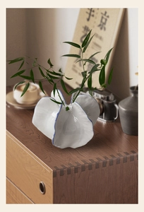 Detalle de jarrón artístico de cerámica blanca con borde azul y planta sobre mueble madera