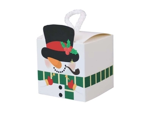 Detail of a white 5.5cm square Christmas gift box with a cartoon snowman and rope handle