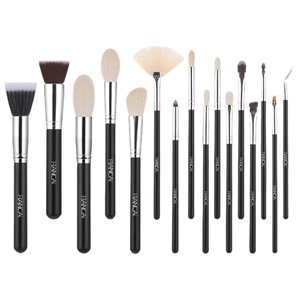 15-piece professional makeup brush set with matte black handles and silver ferrules