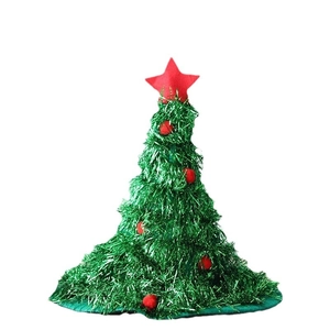 Green tinsel Christmas tree hat with red star and ornaments on white background