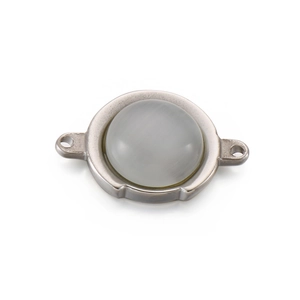 Macro detail of a round stainless steel pendant connector with grey cat eye gemstone