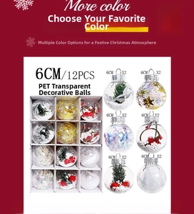 Set of 12 clear 6cm PET Christmas balls with pine needles and red berries ornaments