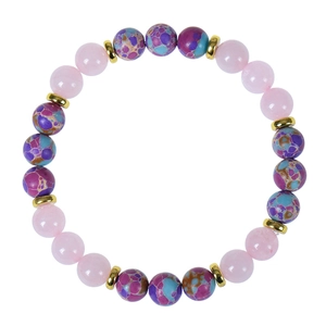 Handmade 8mm rose quartz and emperor stone beaded stretch bracelet with gold spacers