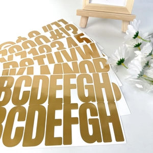 Close-up of 2.5-inch gold foil alphabet and number stickers for DIY mailbox decoration
