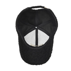 Women's black teddy fleece baseball cap with warm bouclé texture and gold embroidery