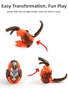 Detailed sequence of orange dinosaur toy transforming into a compact egg shape