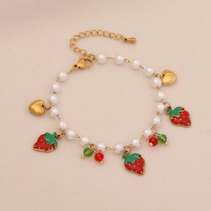 Sweet strawberry and heart pendant stainless steel necklace with imitation pearls