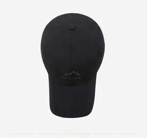 Top view of a black sports baseball cap featuring embroidered mountain logo and breathable fabric
