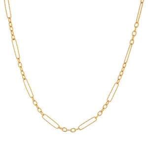 Close-up of golden link bracelet with alternating textured oval and rectangular rings