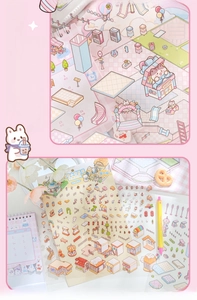 Detail of waterproof PET stickers with white ink process showing cute pink town elements