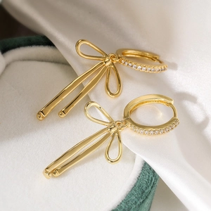 Butterfly Bow Dangle Earrings Brass 18K Gold Plated Cubic Zirconia Pave Hoop Sweet Fashion For Women