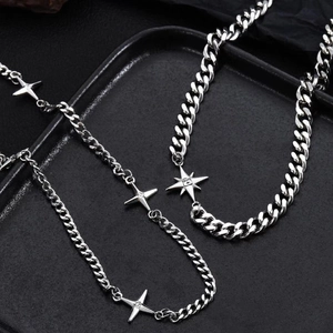 Silver layered star pendant necklaces with titanium cuban chain and zircon stones