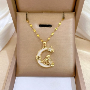 Crescent Moon Cat Pendant Necklace Stainless Steel Chain Copper Zircon Inlaid Elegant Jewelry For Women Gold Plated