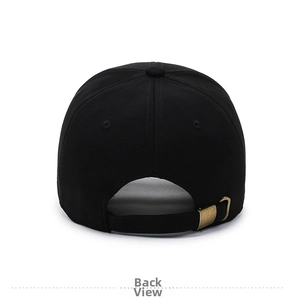 Detail view of the black cotton baseball cap showing adjustable bronze metal buckle